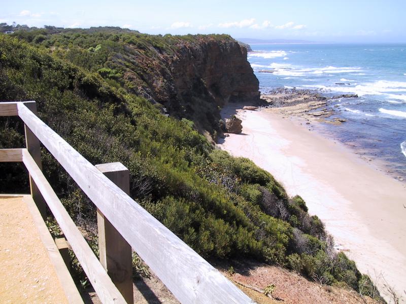 Aireys Inlet - Lighthouse at Split Point and coastal views: View north along coast, Lighthouse Road at Federal Street