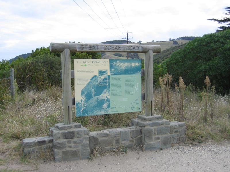 Aireys Inlet - At Memorial Arch on Great Ocean Road, Eastern View: Information board at Memorial Arch