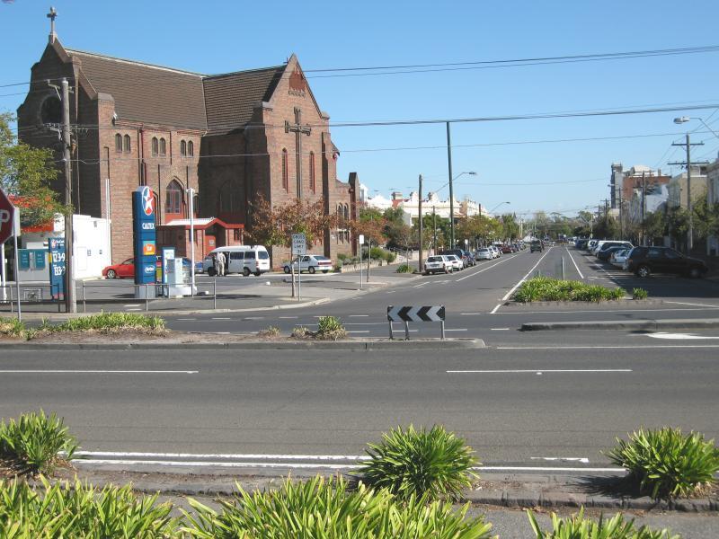 Albert Park - Shops and commercial centre, Bridport Street: View south-west along Bridport St at Ferras St towards Anglican Church