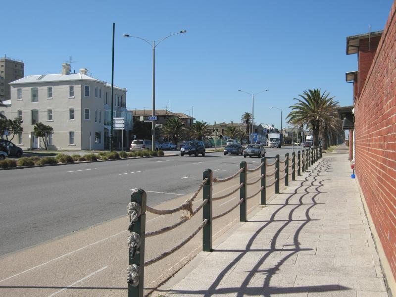 Albert Park - Beach, foreshore and Beaconsfield Parade around Victoria Avenue: View south-east along Beaconsfield Pde at Withers St and South Melbourne Life Saving Club
