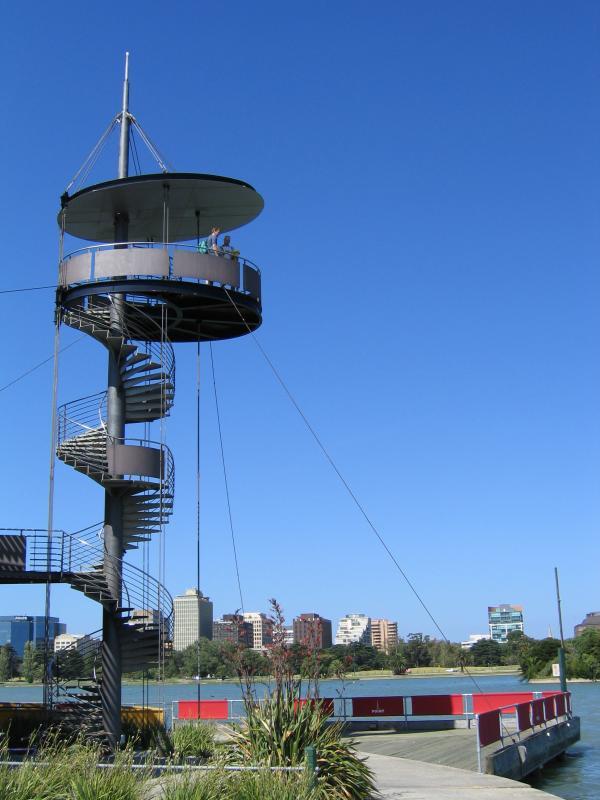 Albert Park - Albert Park Lake, jetties along Aquatic Drive and 'The Point': 'The Point' lookout tower