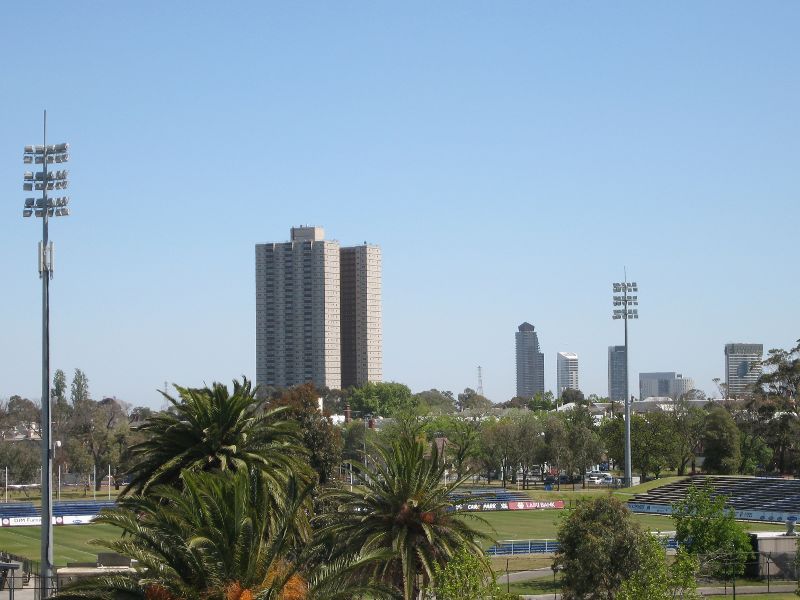Albert Park - Albert Park Lake, jetties along Aquatic Drive and 'The Point': North-westerly view towards Lakeside Stadium from 'The Point' lookout