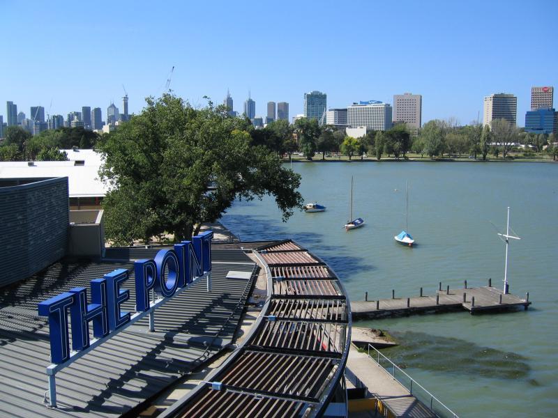 Albert Park - Albert Park Lake, jetties along Aquatic Drive and 'The Point': View north-east across lake from 'The Point' lookout