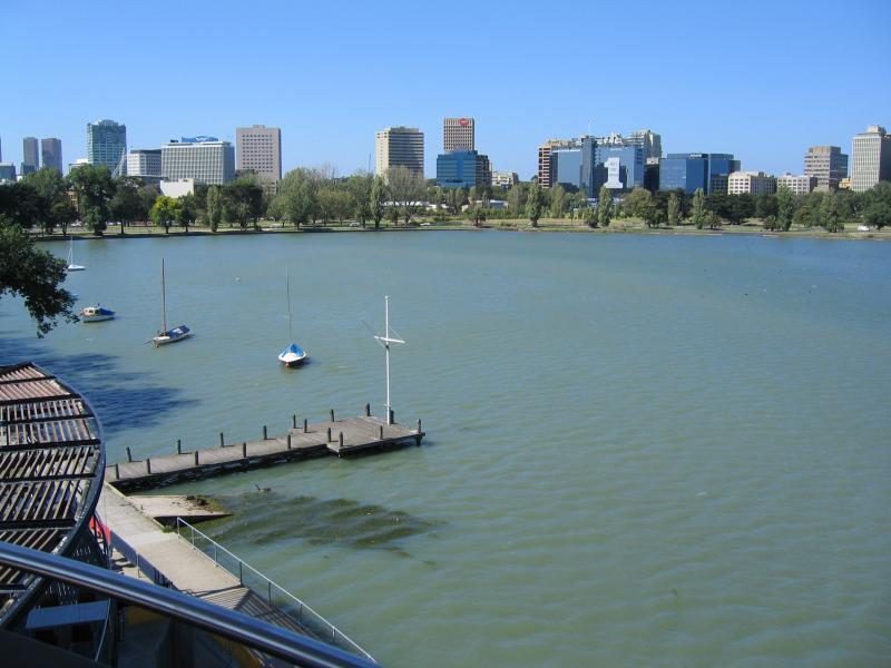 Albert Park - Albert Park Lake, jetties along Aquatic Drive and 'The Point': View north-east across lake from 'The Point' lookout