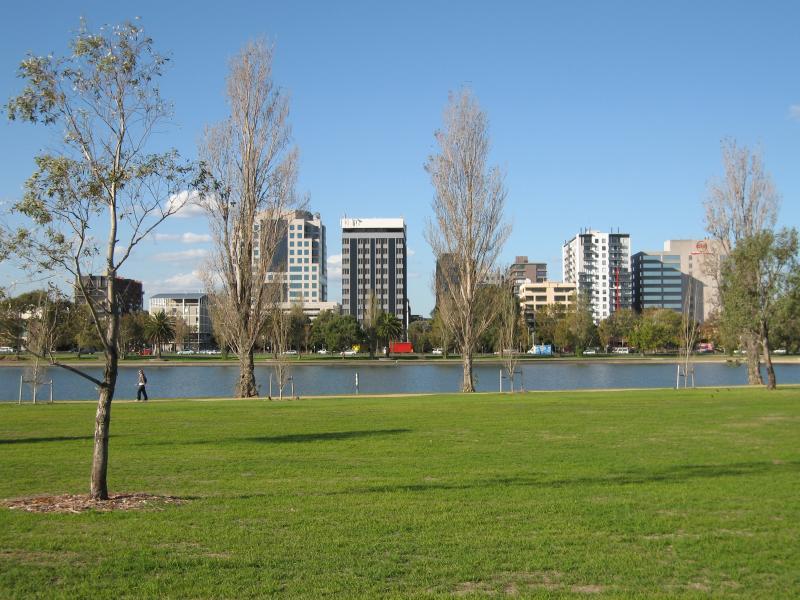 Albert Park - Albert Park Lake, southern end at Aughtie Drive, Ross Gregory Drive, Lakeside Drive: View east across lake from Aughtie Dr near Ross Gregory Dr