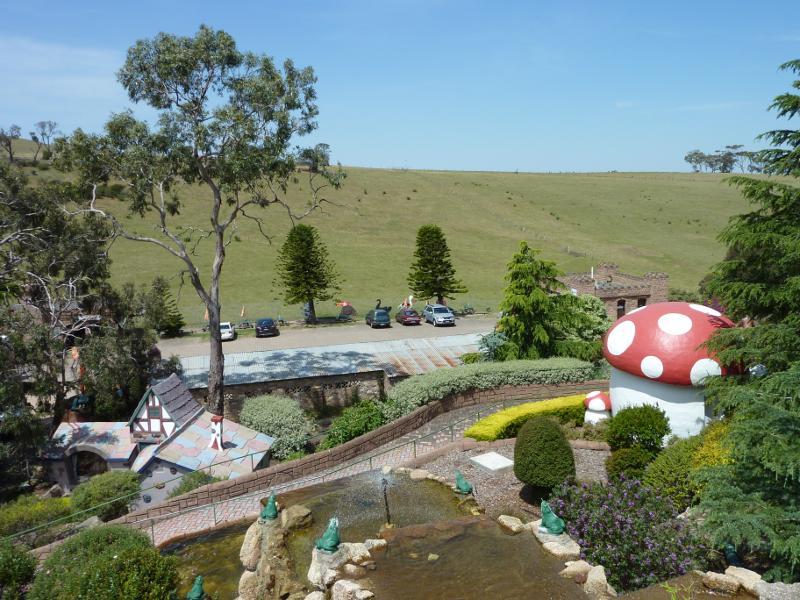 Anakie - Fairy Park, Ballan Road: View down towards waterfall, Happy Gnomes (mushroom) and car park