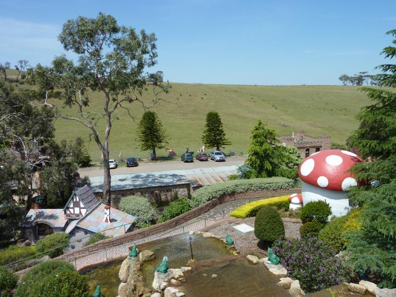 Anakie - Fairy Park, Ballan Road - View down towards waterfall, Happy Gnomes (mushroom) and car park