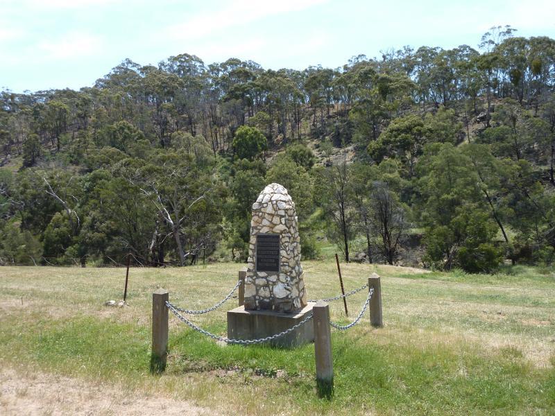 Anakie - Town of Steiglitz, town centre: Monument of gold discovery, corner Regent St and Clow St