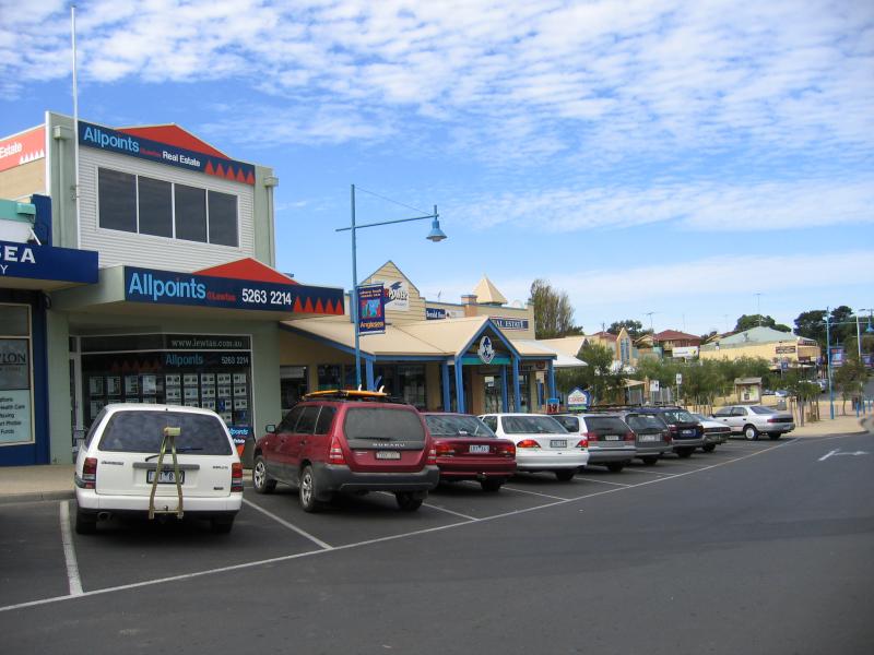 Anglesea - Shops and commercial centre, Great Ocean Road service road at Camp Road: Shops, view east
