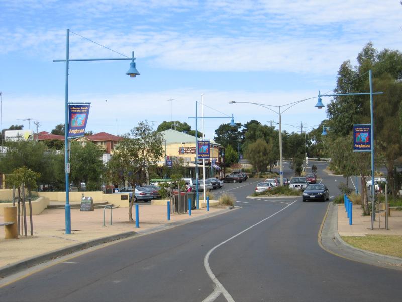 Anglesea - Shops and commercial centre, Great Ocean Road service road at Camp Road: Shops, view east