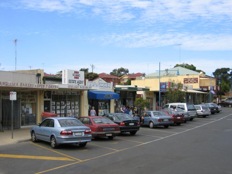 Anglesea - Shops and commercial centre, Great Ocean Road service road at Camp Road: View east towards McDougall St