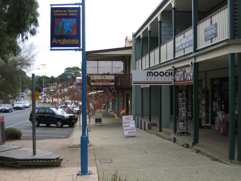 Anglesea - Shops and commercial centre, Great Ocean Road service road at Camp Road: View west at McDougall St
