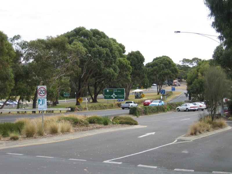 Anglesea - Shops and commercial centre, Great Ocean Road service road at Camp Road: View west along Great Ocean Road at McDougall St