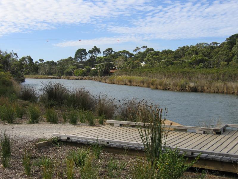 Anglesea - Anglesea River through the town and surroundings: View north along Anglesea River, River Reserve Road north of Noble St