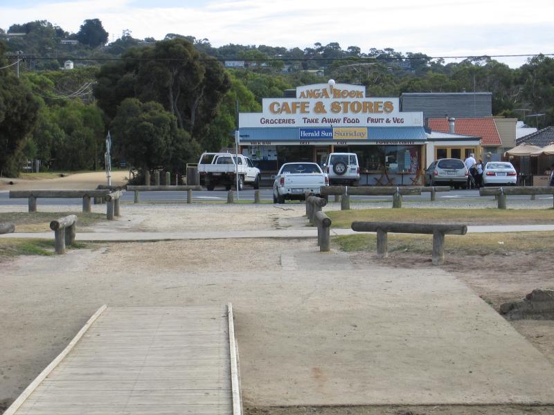 Anglesea - Anglesea River through the town and surroundings: View west from jetty towards shops, Great Ocean Road at Minifie Av