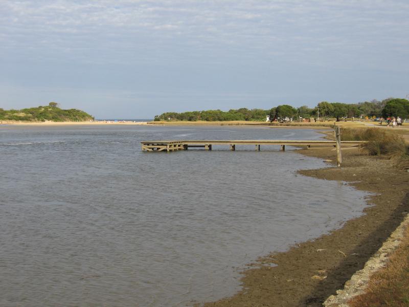Anglesea - Anglesea River through the town and surroundings: View south along Anglesea River towards jetty opposite Minifie Av