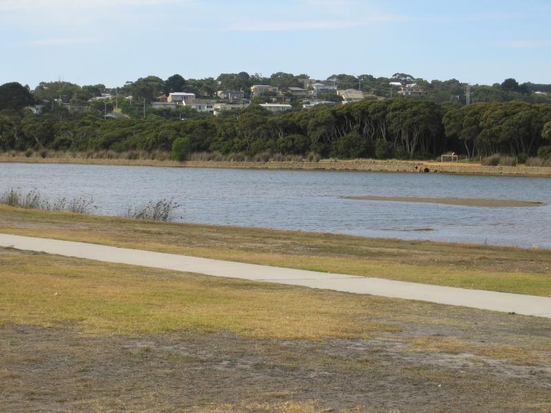 Anglesea - Anglesea River through the town and surroundings: View north-east across Anglesea River towards Lions Park near Minifie Av