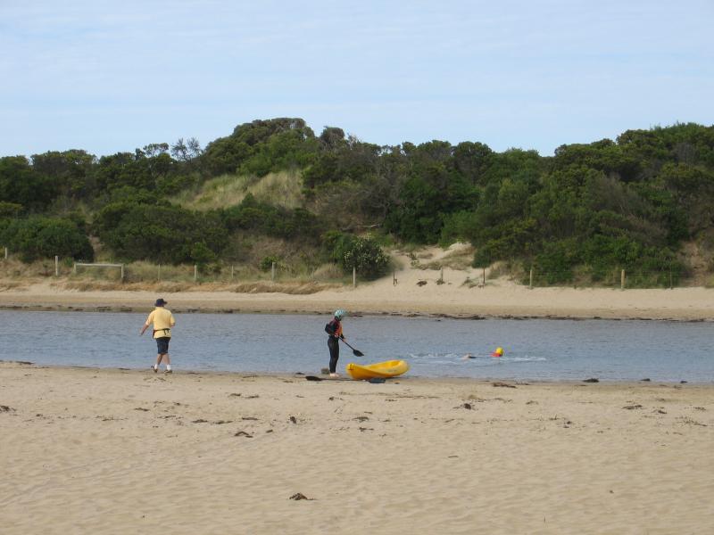 Anglesea - Mount of Anglesea River on the beach: View east across Anglesea River inland from mouth