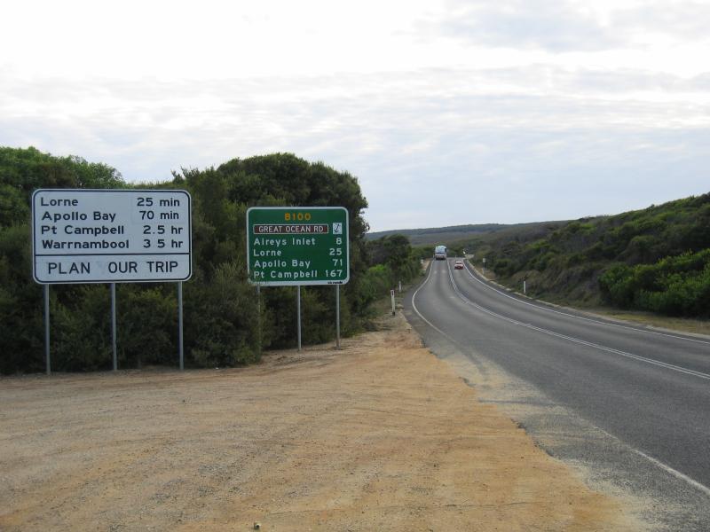Anglesea - Great Ocean Road, western outskirts of Anglesea: Sign of distances and travel times, view west along Great Ocean Road