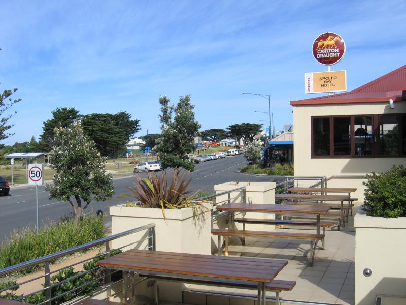 Apollo Bay - Shops and commercial centre, Great Ocean Road - View south along Great Ocean Rd from Apollo Bay Hotel