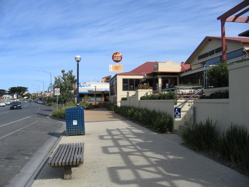 Apollo Bay - Shops and commercial centre, Great Ocean Road - View south along Great Ocean Rd towards Moore St