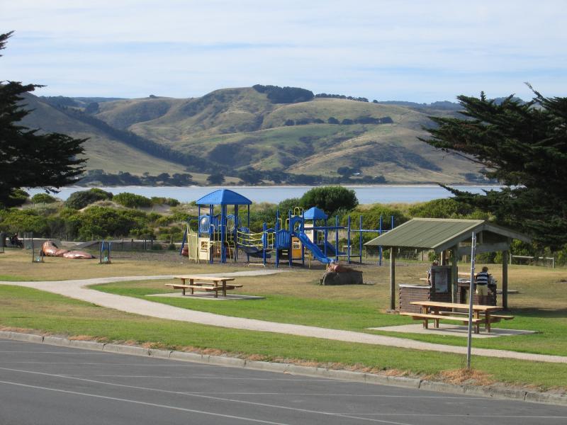 Apollo Bay - Foreshore Reserve in town centre, Great Ocean Road: Playground and BBQ shelter opposite McLaren Pde