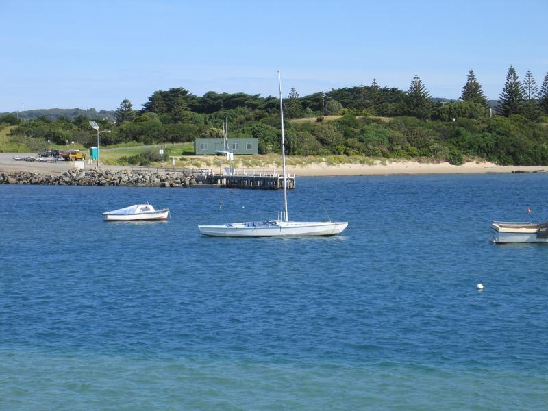 Apollo Bay - Boat Harbour, wharf and breakwater - View across harbour from breakwater towards boat ramp and jetty