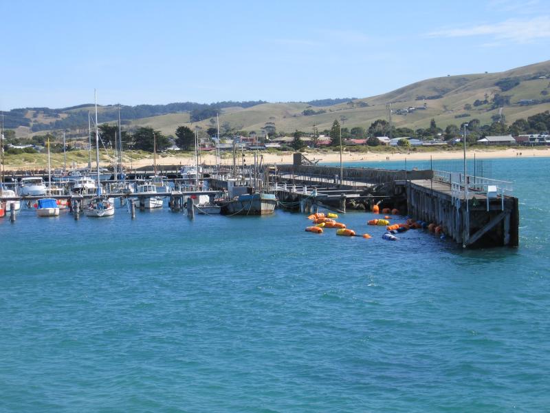 Apollo Bay - Boat Harbour, wharf and breakwater: View across harbour towards wharf