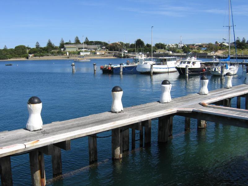 Apollo Bay - Boat Harbour, wharf and breakwater - View of harbour and boats from wharf