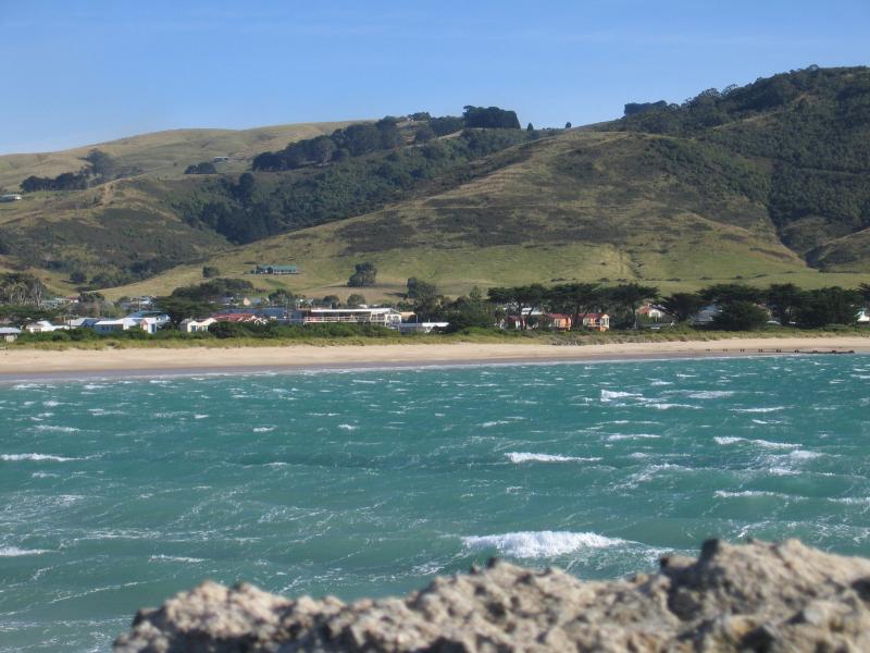 Apollo Bay - Boat Harbour, wharf and breakwater: View north-west towards coast and town from wharf
