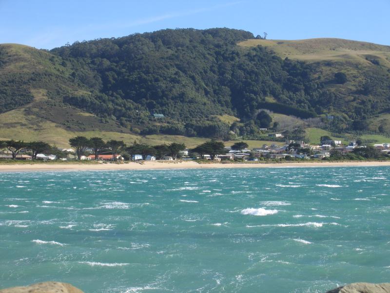 Apollo Bay - Boat Harbour, wharf and breakwater - View north-west towards coast and town from wharf