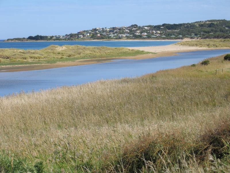 Apollo Bay - Mounts Bay and Barham River: View south-west along coast towards Marengo from Great Ocean Rd at Gambier St
