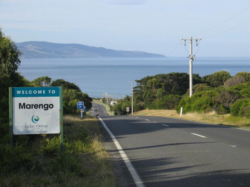 Apollo Bay - Town of Marengo, south of Apollo Bay: Welcome to Marengo sign, view east along Great Ocean Rd