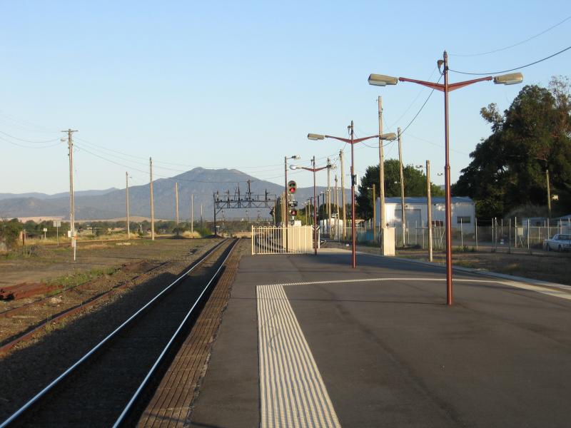 Ararat - Ararat railway station and Visitor Information Centre, High Street: View east along platform at railway station