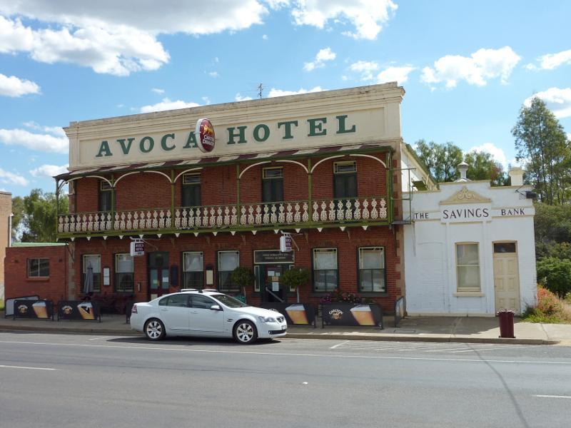 Avoca - Shops and commercial centre, High Street: Avoca Hotel and old bank, western side of High St