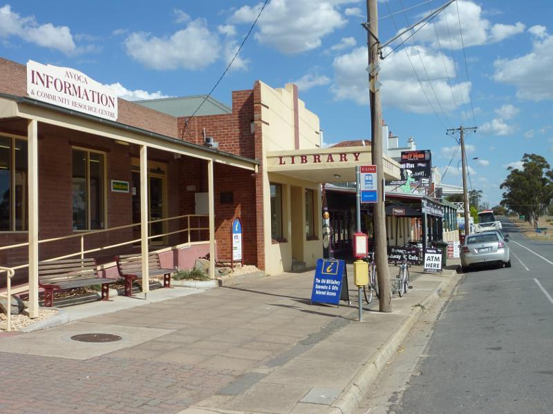 Avoca - Shops and commercial centre, High Street: View south along High St at information centre and library