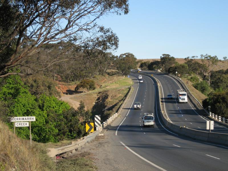 Bacchus Marsh - Djerriwarrh Creek at Old Western Highway: View east along Old Western Hwy towards Djerriwarrh Creek