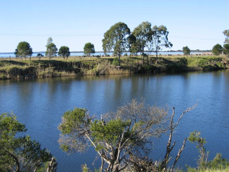 Bairnsdale - Mitchell River, just south of Princes Highway: View east across Mitchell River and into Lake King from Paynesville Rd, around 6 km south of Bairnsdale