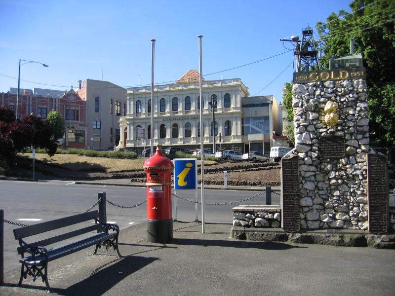 Ballarat - Shops and commercial centre in Sturt Street: 100 years of gold discovery monument at Visitor Information Centre, Albert St at Sturt St