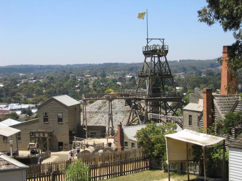 Ballarat - Sovereign Hill, Bradshaw Street: View down towards gold mine from cottages