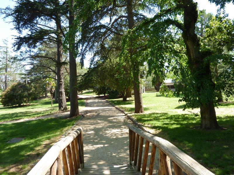 Ballarat - Buninyong, botanical gardens: View through gardens from footbridge over creek