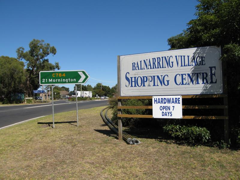 Balnarring - Shops at Balnarring Village Shopping Centre and surroundings: View south-west along Frankston-Flinders Rd at Balnarring Rd