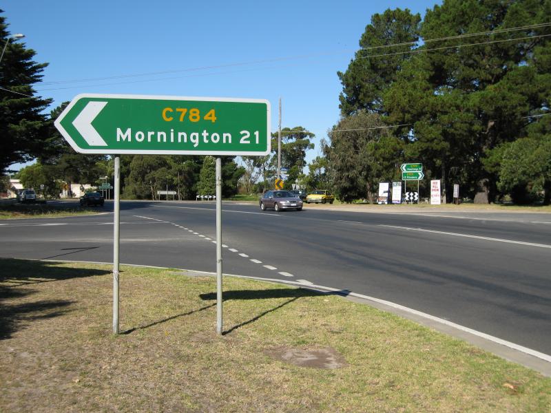 Balnarring - Shops at Balnarring Village Shopping Centre and surroundings: View north-east along Frankston-Flinders Rd at Balnarring Rd