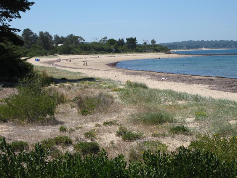 Balnarring - Beach between Masonsmith Road and Marmaduke Street: View east along beach at Marmaduke St