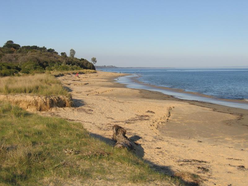 Balnarring - Merricks Beach at end of Merricks Beach Road: View east along beach