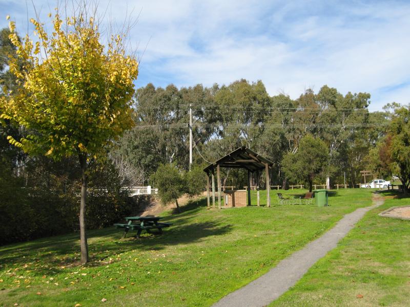 Barnawartha - Indigo Creek Park, High St: View south through park towards BBQ shelter