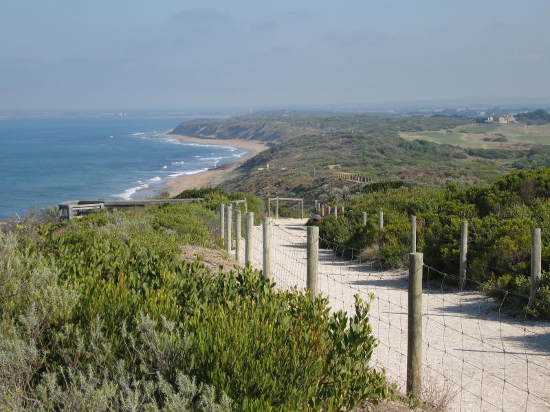 Barwon Heads - The Bluff (Point Flinders), views from lookouts and walking tracks: View west along coast fronting Bass Strait