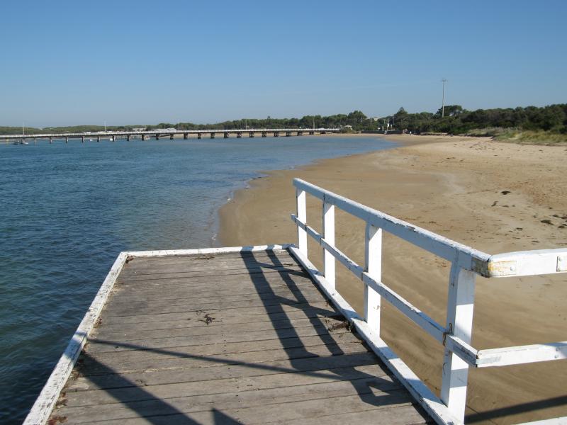 Barwon Heads - Ozone Jetty, Barwon River at end of Ozone Road: View south along beach from jetty