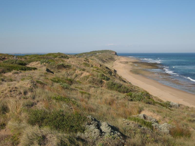 Barwon Heads - Thirteenth Beach fronting Bass Strait: View east along coast towards The Bluff from the 'Cylinders'