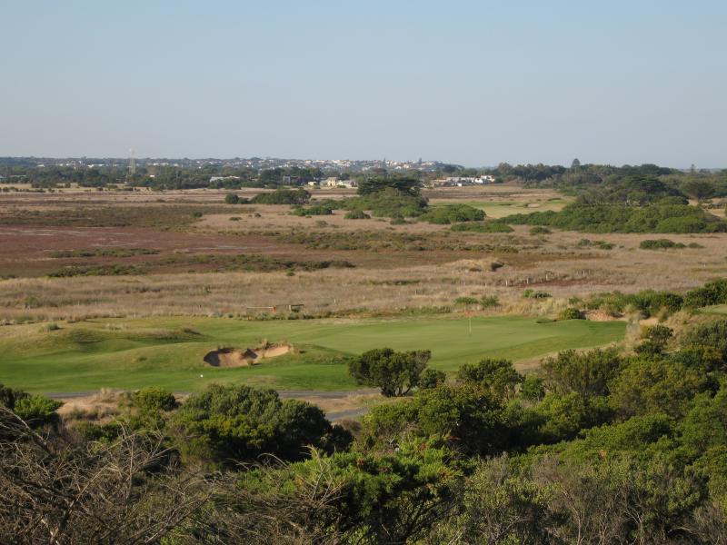 Barwon Heads - Thirteenth Beach fronting Bass Strait: View north through 13th Beach Golf Links from SLSC